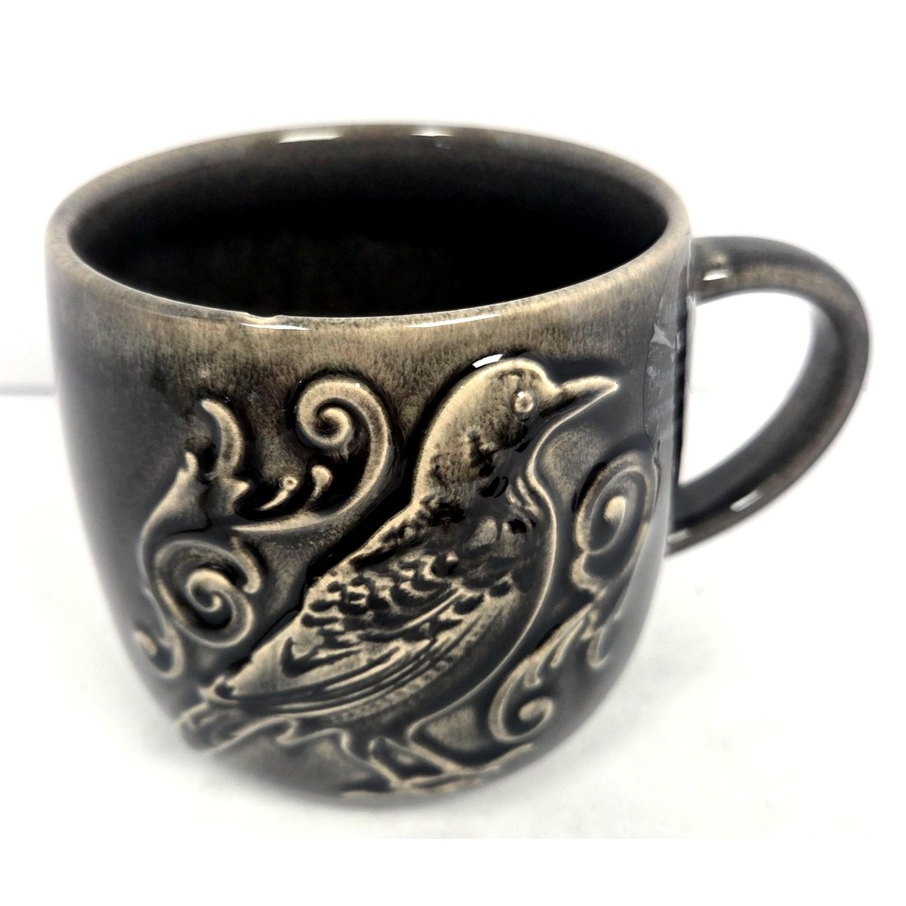 Salem St Embossed Crow Raven Stoneware Coffee Mug Gray Gothic Halloween 22 oz